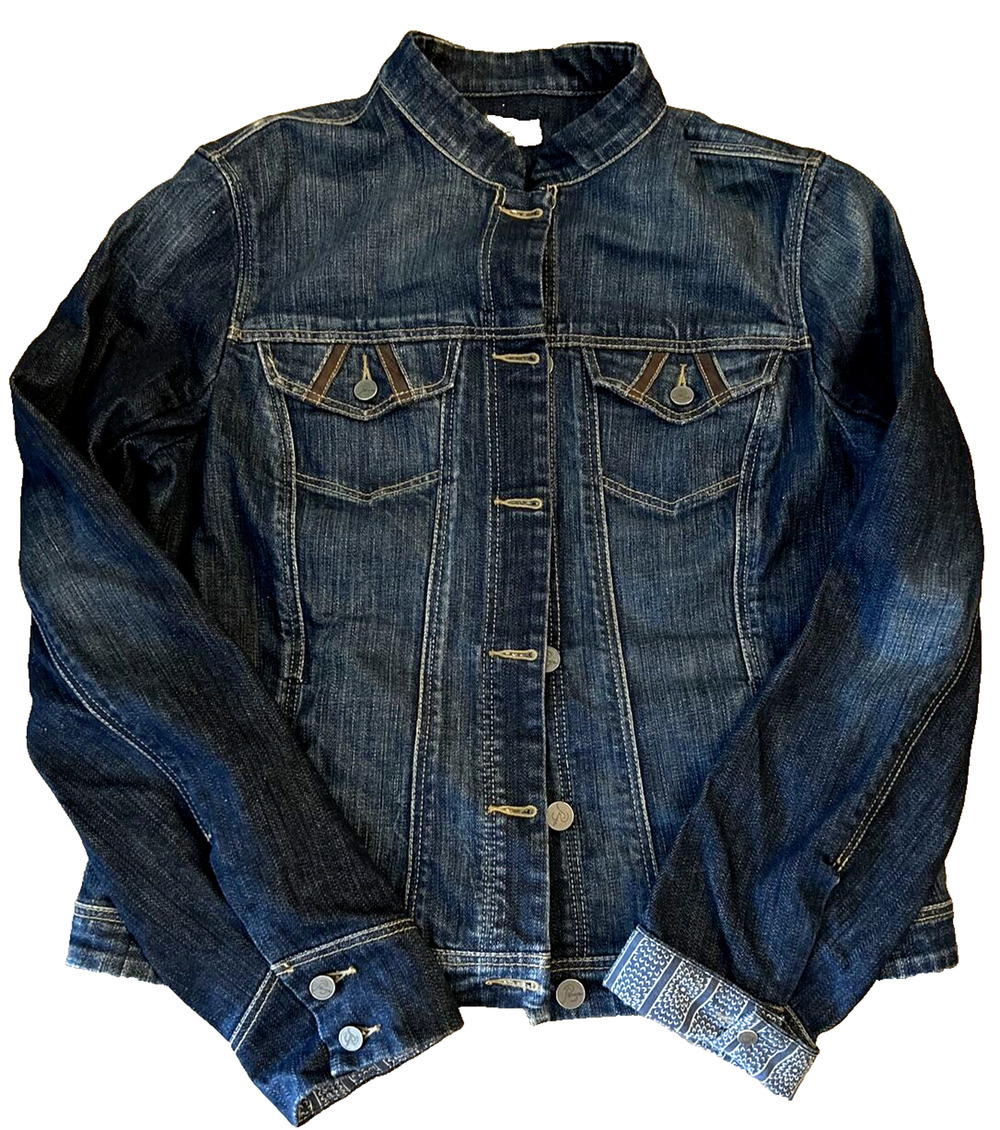 PAIGE Premium Denim Jacket Women's Large Fairfax Leather Trim Button Front Urban